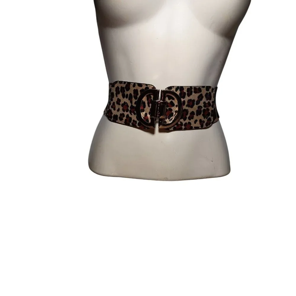 Stretch Animal Print Cinch Belt Gold Buckle Big Cat Cheetah Leopard Spots 26" - Picture 5 of 10